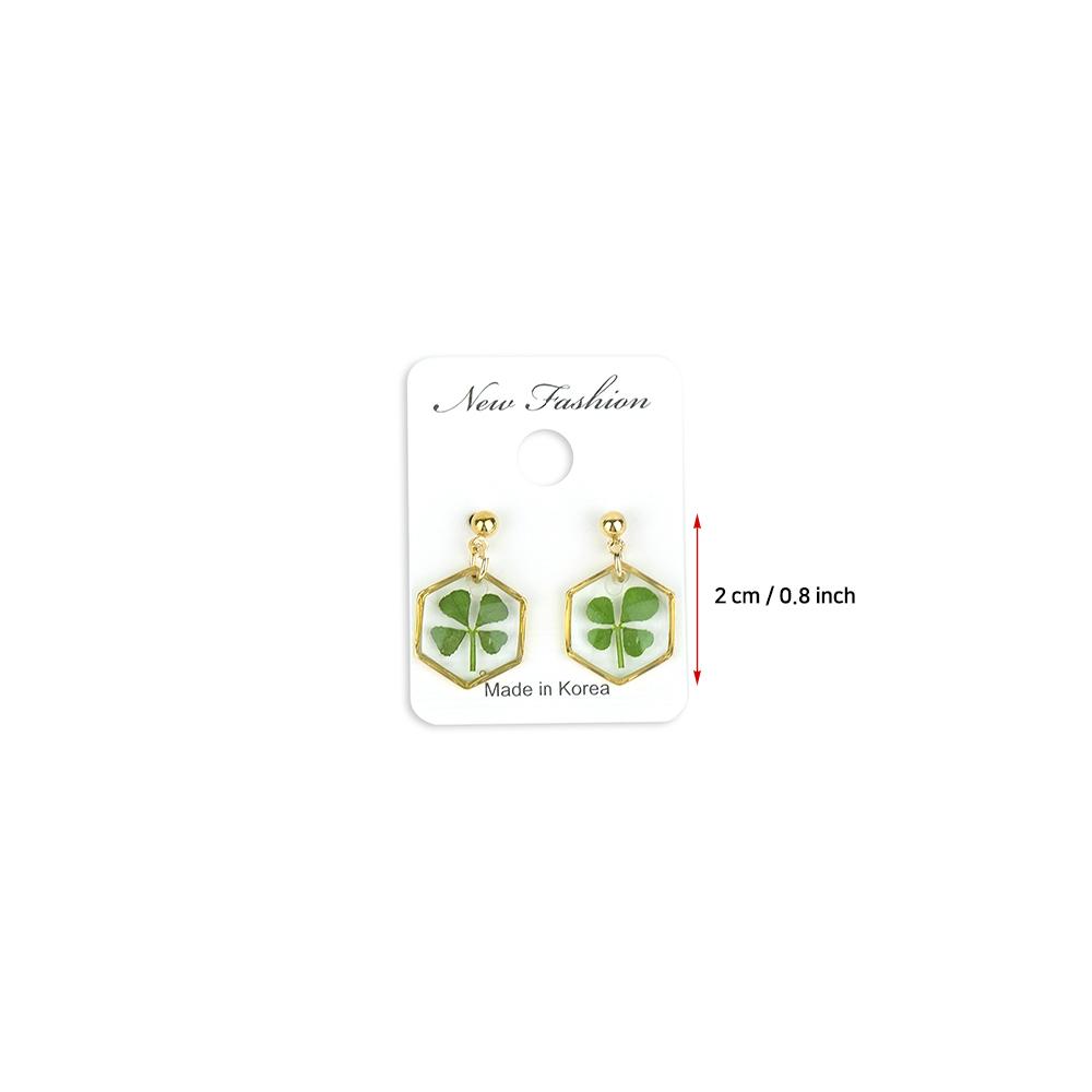 Resin Craft Earring with Four Leaf Clover Dangle Real Lucky Clover Ear Rings - Hexagon Type